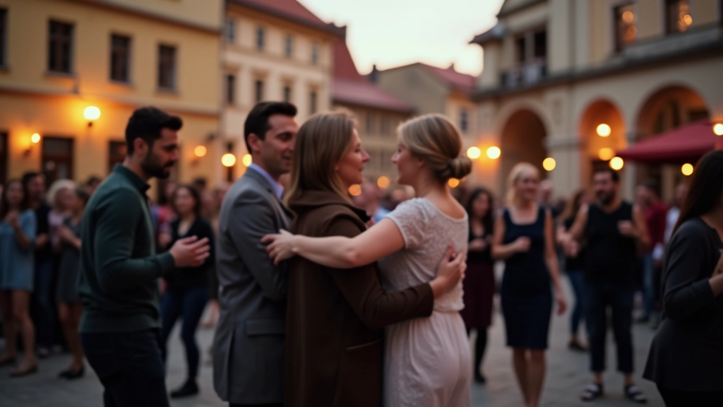 Evening social dance night in historic square