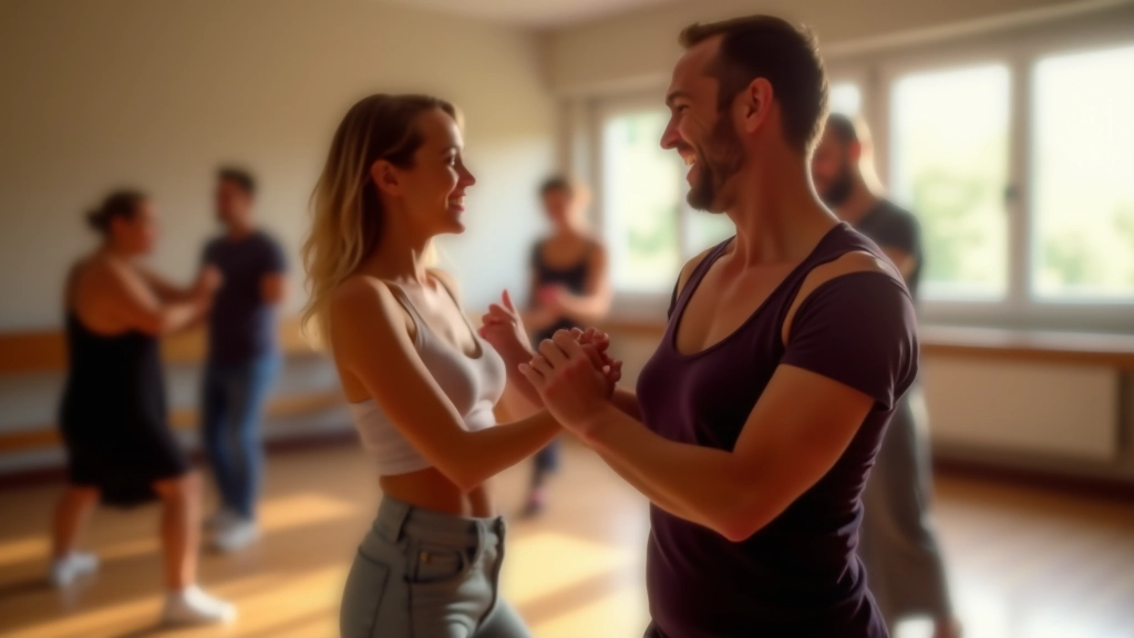 Smiling beginner dancers of mixed ages practicing bachata in welcoming dance studio environment