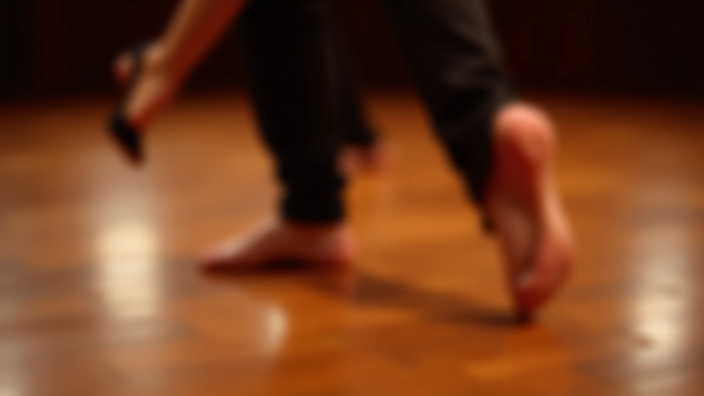 Close-up of feet showing basic bachata footwork pattern on wooden dance floor with clear markings