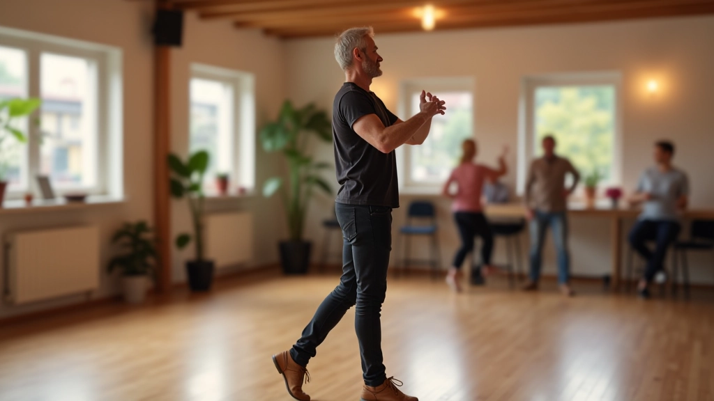 Instructor demonstrating salsa footwork pattern in a studio with wooden flooring