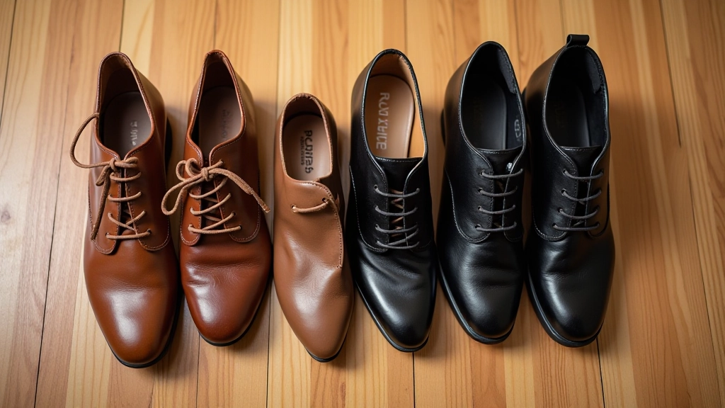 Assortment of proper dance shoes displayed on wooden floor, showing various styles suitable for social dancing