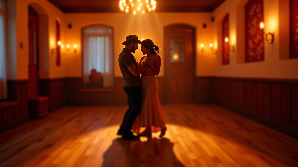Vibrant dance floor with couples dancing bachata and salsa in a welcoming studio environment with warm lighting and wooden floors