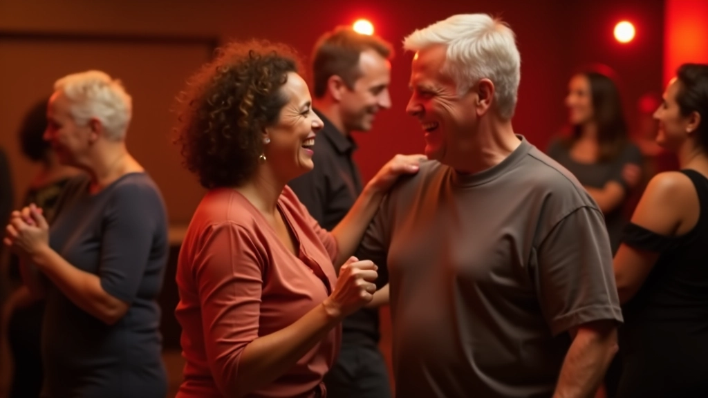 Group of adults smiling and dancing together at a social dance event, showing joy and community connection on a dance floor with warm ambient lighting