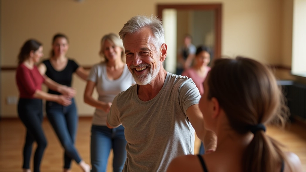 Group of diverse adults aged 45-60 in a welcoming dance studio during beginner bachata class