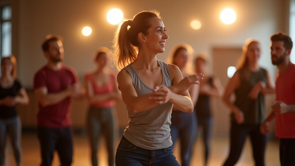 Dance instructor Anita Liepa working with a group of mature adult students during a bachata class in Rīga, demonstrating proper form and rhythm