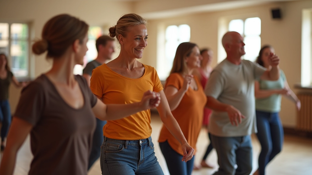 Group of adult dancers practicing together in a salsa class formation