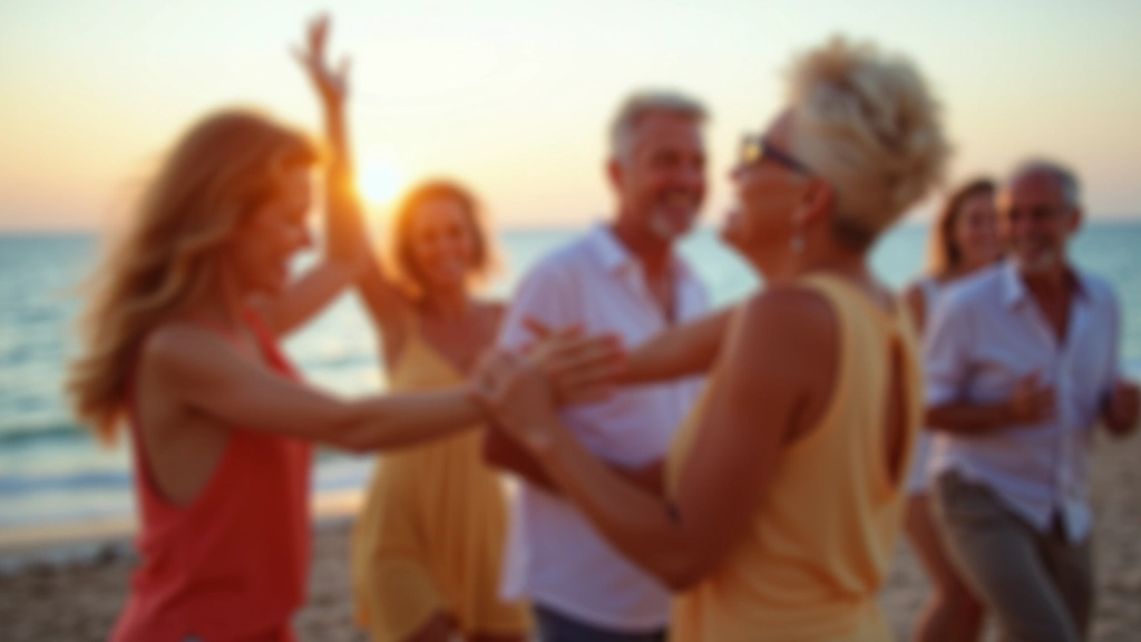 Group of adults aged 45-60 dancing together at a seaside venue, smiling and engaged