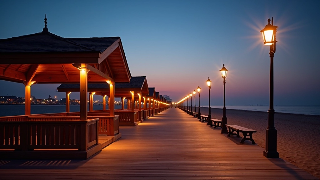 Jūrmala promenade during evening with street lamps and beach pavilions