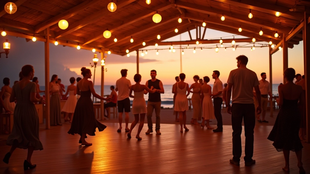 Outdoor seaside dance pavilion during golden hour with string lights and dancers